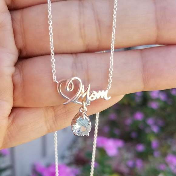 Sterling Silver Mom Pendant Necklace, Aquamarine Necklace, Mothers Day Gift - Picture 7 of 7